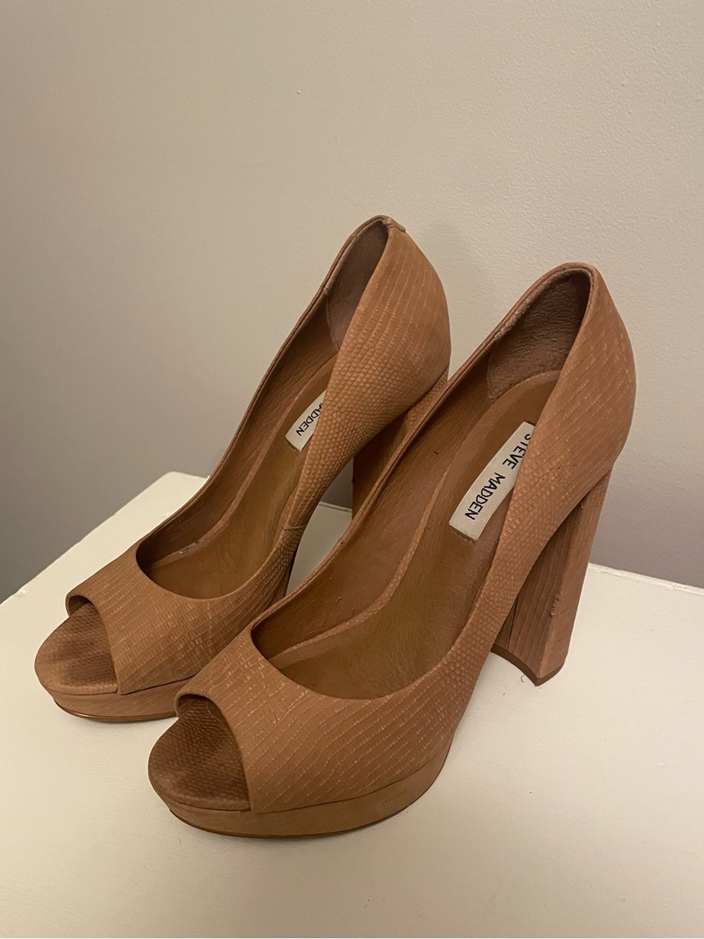 Steve Madden Cognac Peep-Toe Platform Pumps